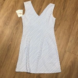 Mayo gold dress, blue and white stripes.